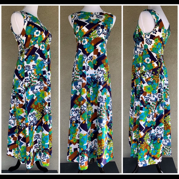 🌺 Vintage Hawaiian Barkcloth Dress Mod Print Tiki 🌺 - Picture 3 of 13